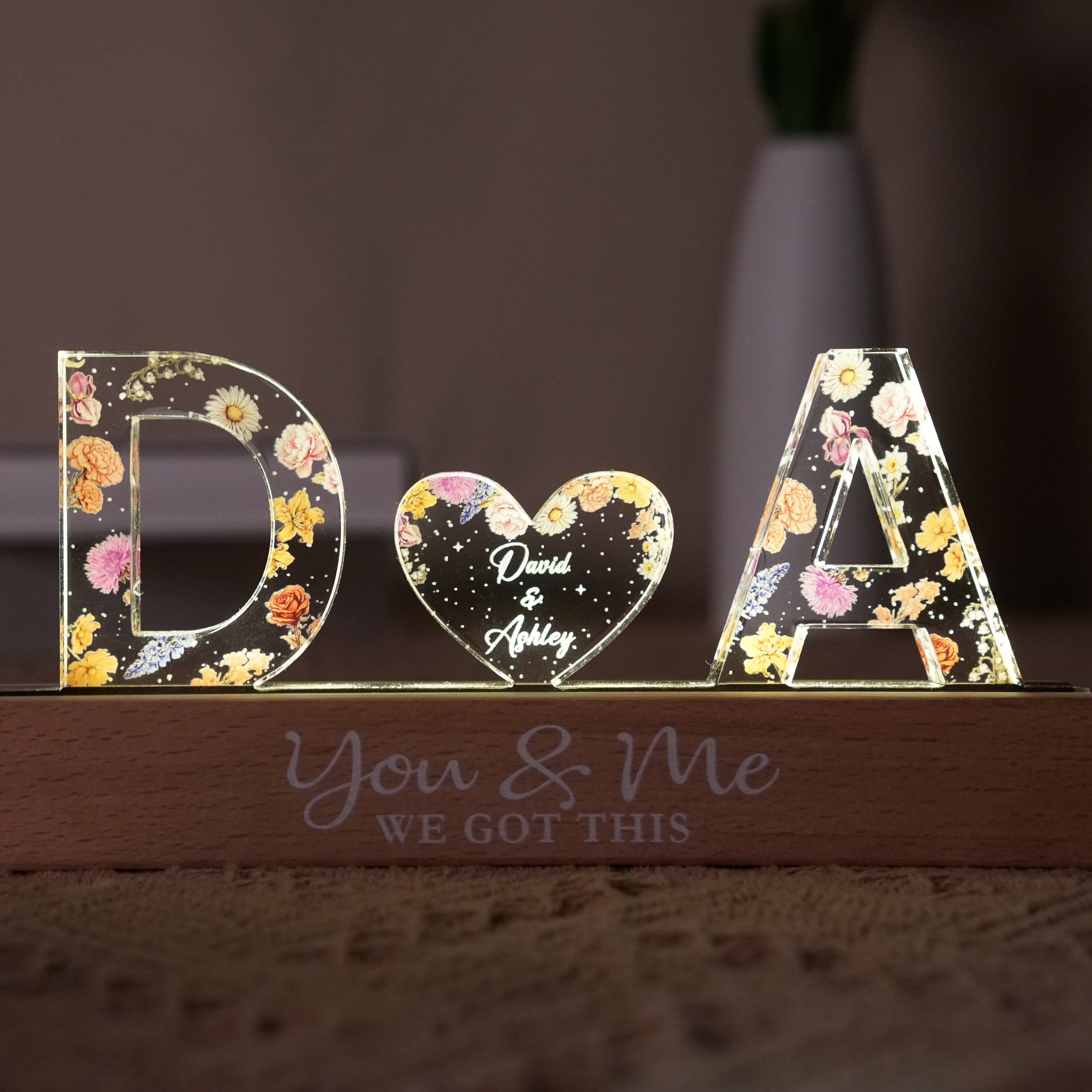 Couple Initials Floral Theme Personalized Acrylic Block LED Night Light, Heartfelt Gift For Her, For Wife