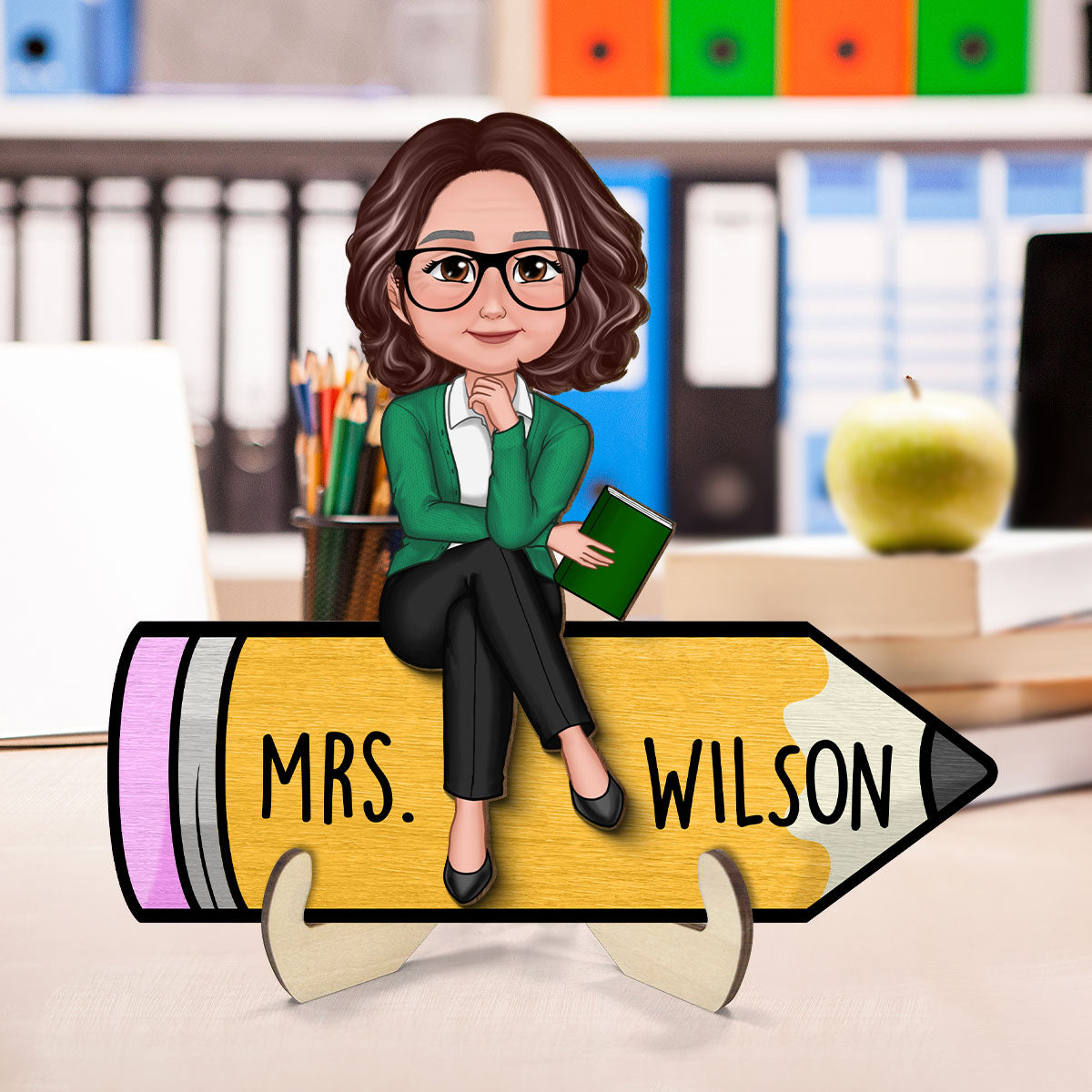 Doll Teacher Sitting On Pencil Personalized 2-Layer Wooden Plaque, Office Decor for Teacher, Gift for Teacher, Teacher Appreciation Gift