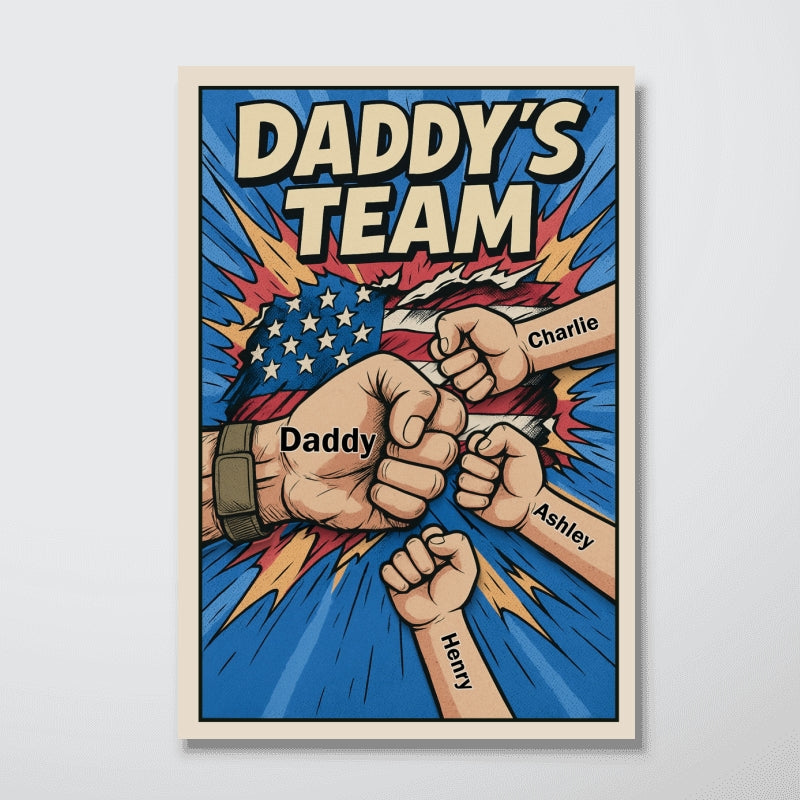 Daddy's Team Fist Bump Comic-Style Action Personalized Poster, Father's Day Gift for Dad