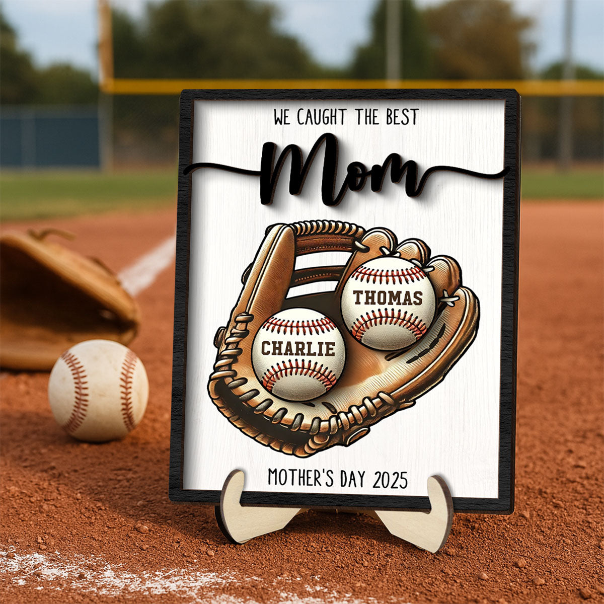 We Caught The Best Mom Baseball, Softball Personalized 2-Layer Wooden Plaque, Custom Kid's Name, Gift For Mom, Gift For Wife, Gift For Grandma