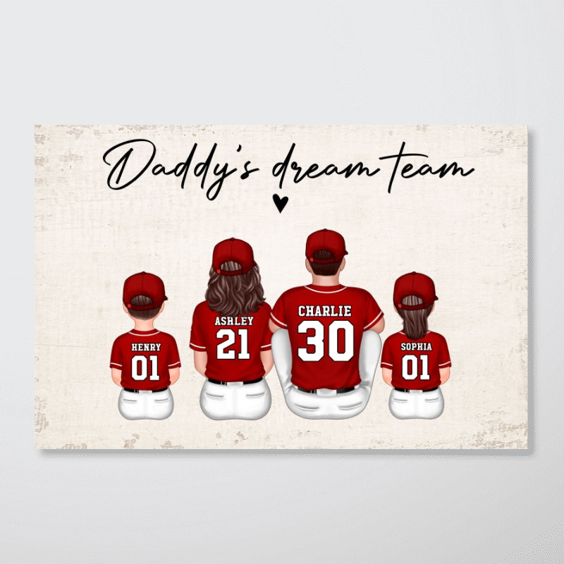 Daddy's Team Softball Family Sitting Personalized Poster, Gift For Family, Dad, Grandpa, Husband