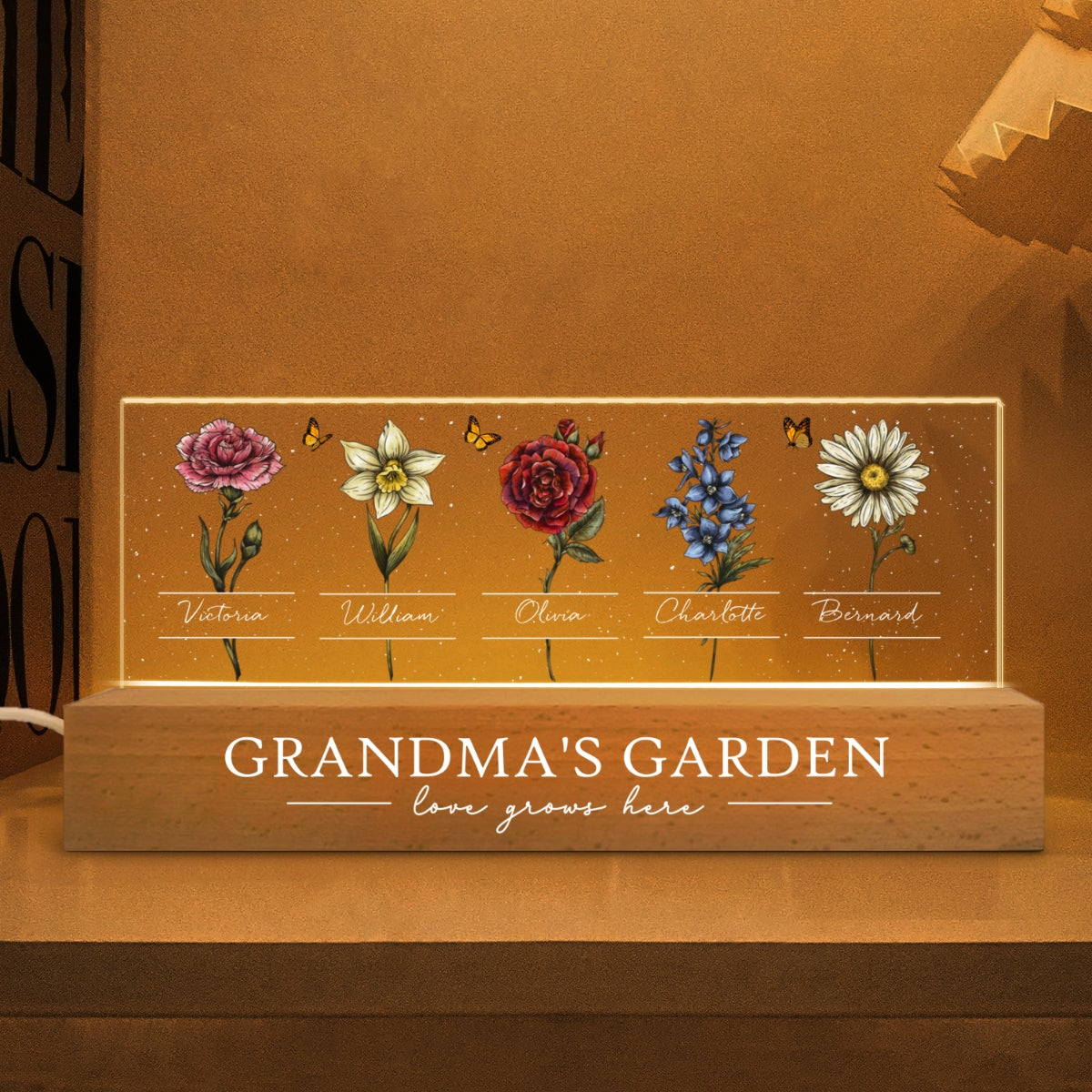Grandma's Garden Of Grandkids Birth Month Flowers Personalized LED Night Light, Heartfelt Gift For Grandma, Mom