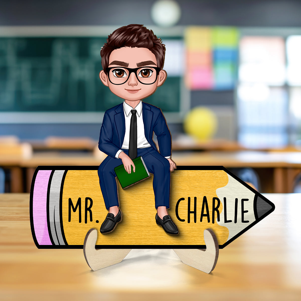 Doll Teacher Sitting On Pencil Personalized 2-Layer Wooden Plaque, Office Decor for Teacher, Gift for Teacher, Teacher Appreciation Gift