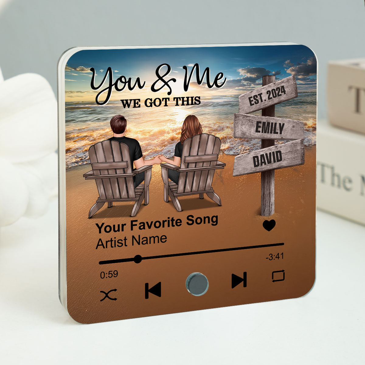Romantic Beach Landscape Couple Sitting Holding Hands Sign Posts Personalized Music Fridge Magnet, Heartfelt 2025 Gift For Couple, For Him, For Her, Boyfriend, Girlfriend, Husband, Wife