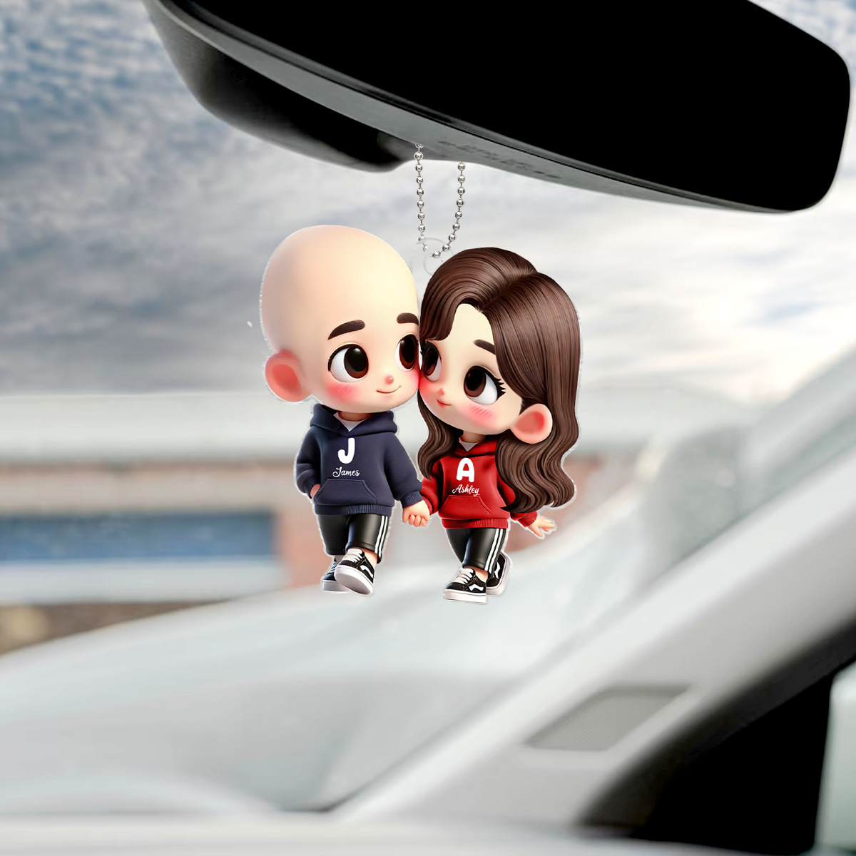 3D Effect Cute Cartoon Couple Holding Hands Personalized Acrylic Car Hanger, Anniversary & Gift for him, Gift for her