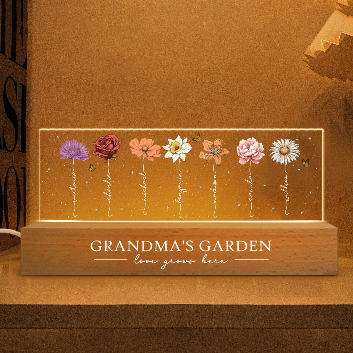 Grandma‘s Garden Birth Month Flowers Personalized Acrylic Block LED Night Light, Heartfelt Gift For Grandma