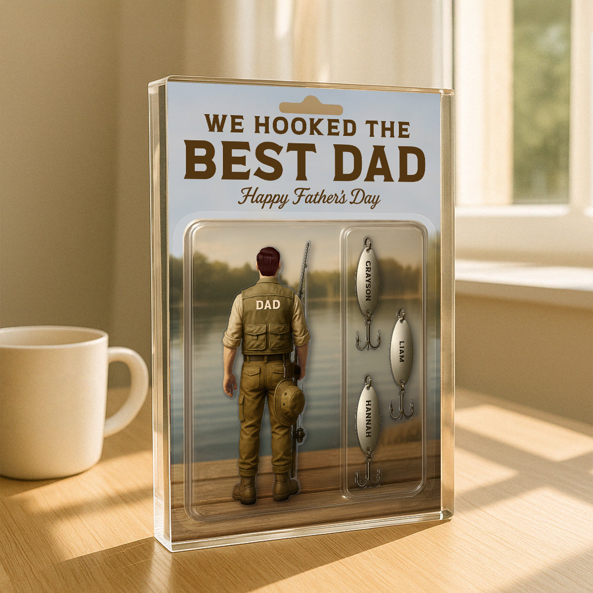 We Hooked The Best Dad Fishing With Kids' Names Custom Figure Personalized Acrylic Block Plaque, Perfect Father's Day Gift For Husband, For Dad, Fishing Lover