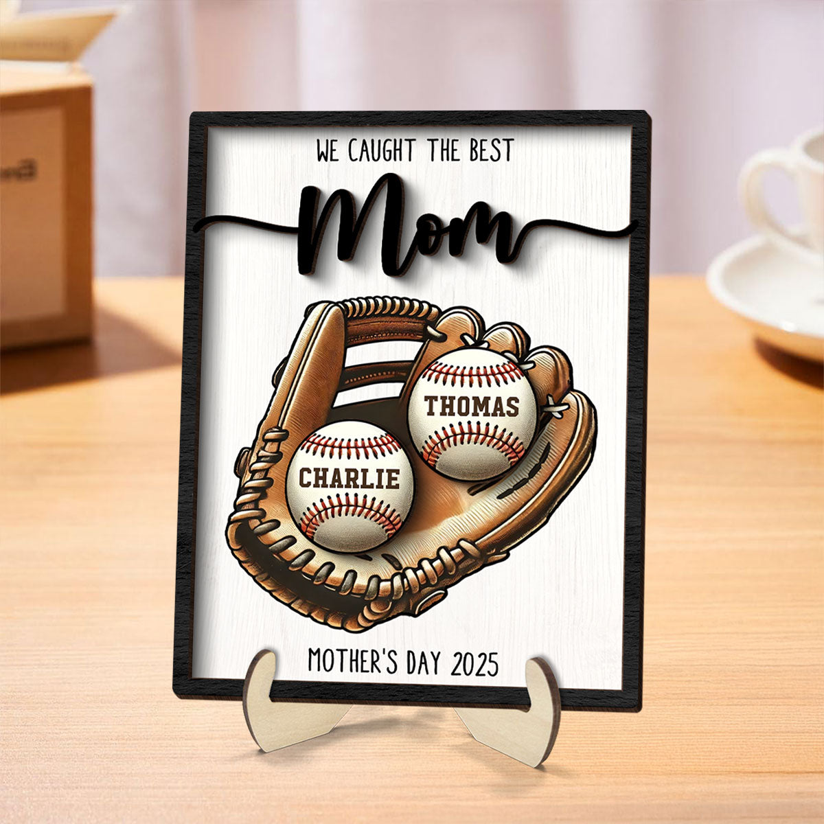We Caught The Best Mom Baseball, Softball Personalized 2-Layer Wooden Plaque, Custom Kid's Name, Gift For Mom, Gift For Wife, Gift For Grandma