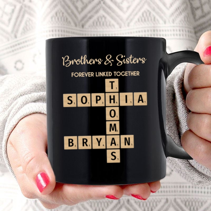 Brothers & Sisters Forever Linked Together Crossword Puzzle Art Personalized Mug, Gift For Brothers, Sisters, Siblings, Family