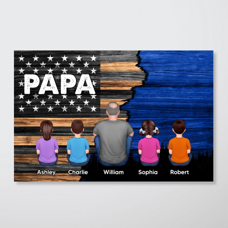 Dad Grandpa Papa Back View Sitting With Kids Half Nation Flag Personalized Horizontal Poster