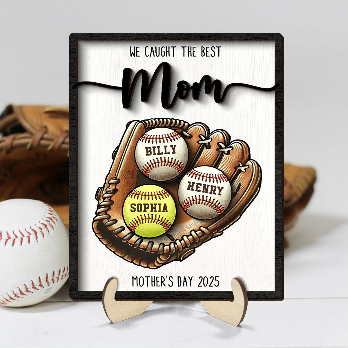 We Caught The Best Mom Baseball, Softball Personalized 2-Layer Wooden Plaque, Custom Kid's Name, Gift For Mom, Gift For Wife, Gift For Grandma
