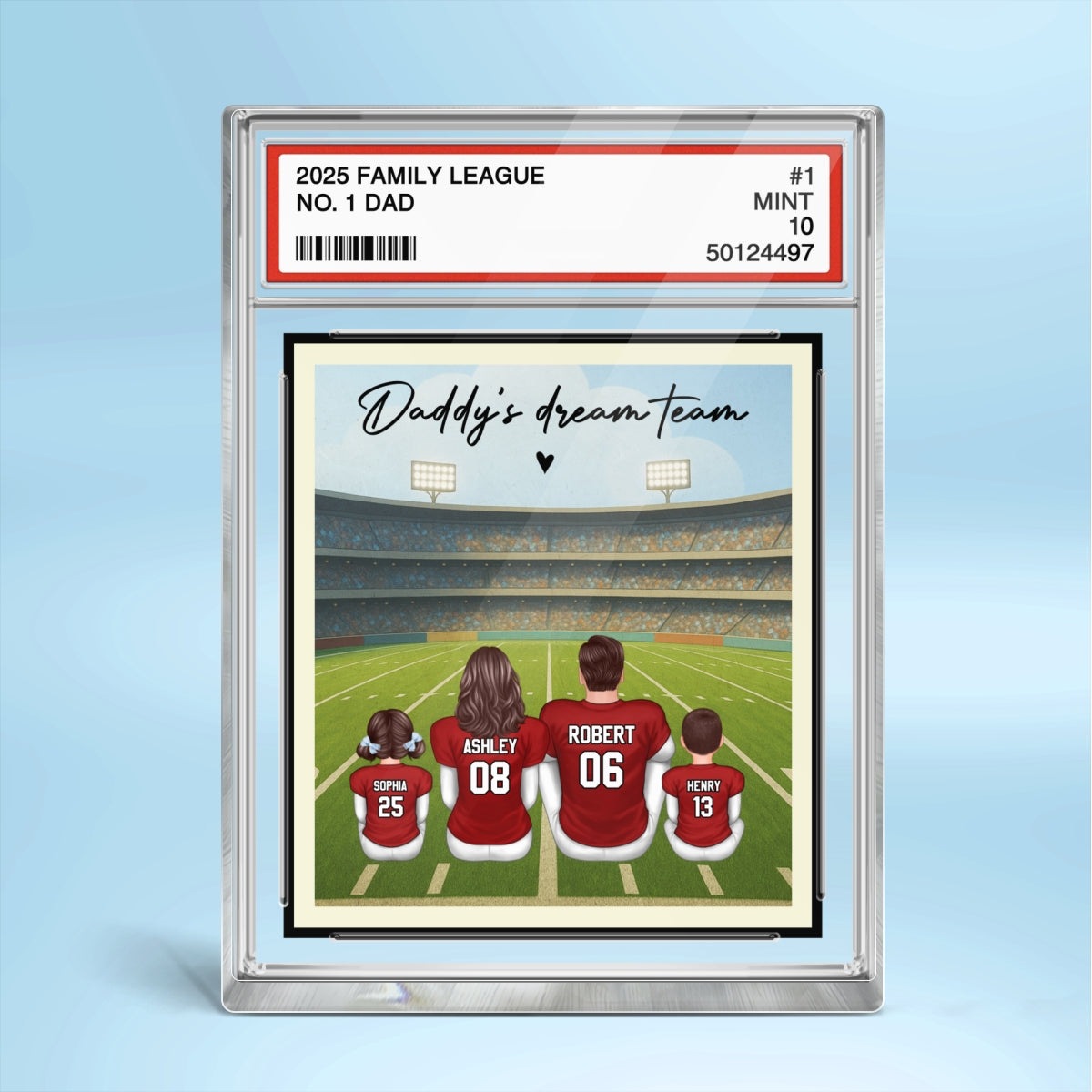 American Football Daddy's Dream Team No. 1 Dad Man & Kids Sitting Trading Card Style Personalized Acrylic Block Plaque