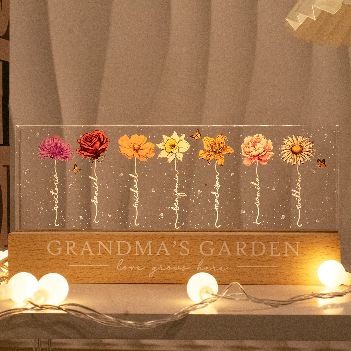 Grandma‘s Garden Birth Month Flowers Personalized Acrylic Block LED Night Light, Heartfelt Gift For Grandma