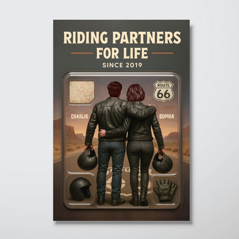 3D Effect Custom Figure Couple Bikers Riding Partners For Life Personalized Poster| Heartfelt Gift For Bikers