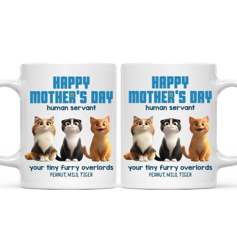 Happy Mother's Day Human Servant Personalized Mug, Cute Cartoon Cats, Unique Gift for Cat Moms