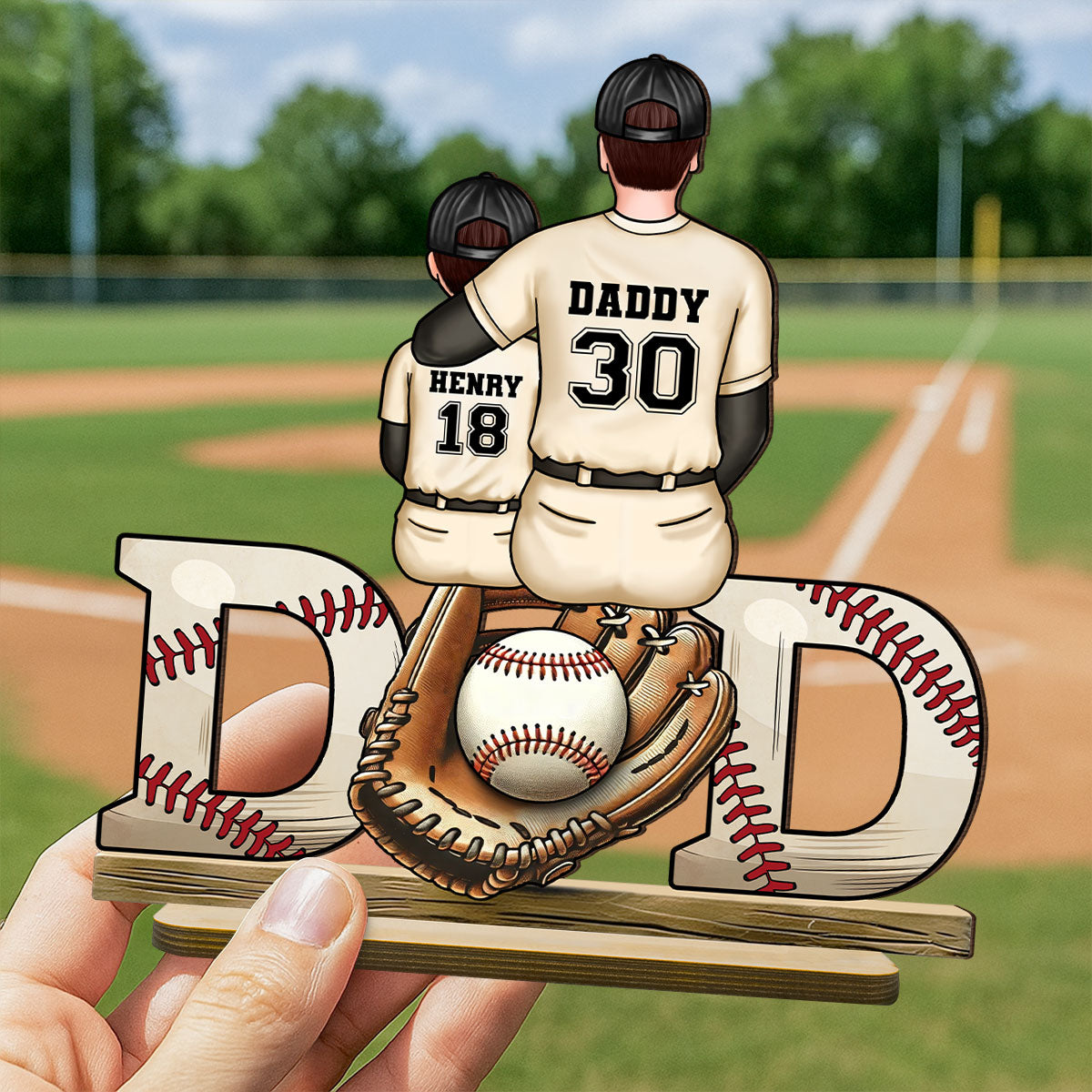 Baseball Softball Dad & Kids Glove Personalized 2-Layer Standing Wooden Plaque, Father's Day Gift for Dad, Gift for Husband