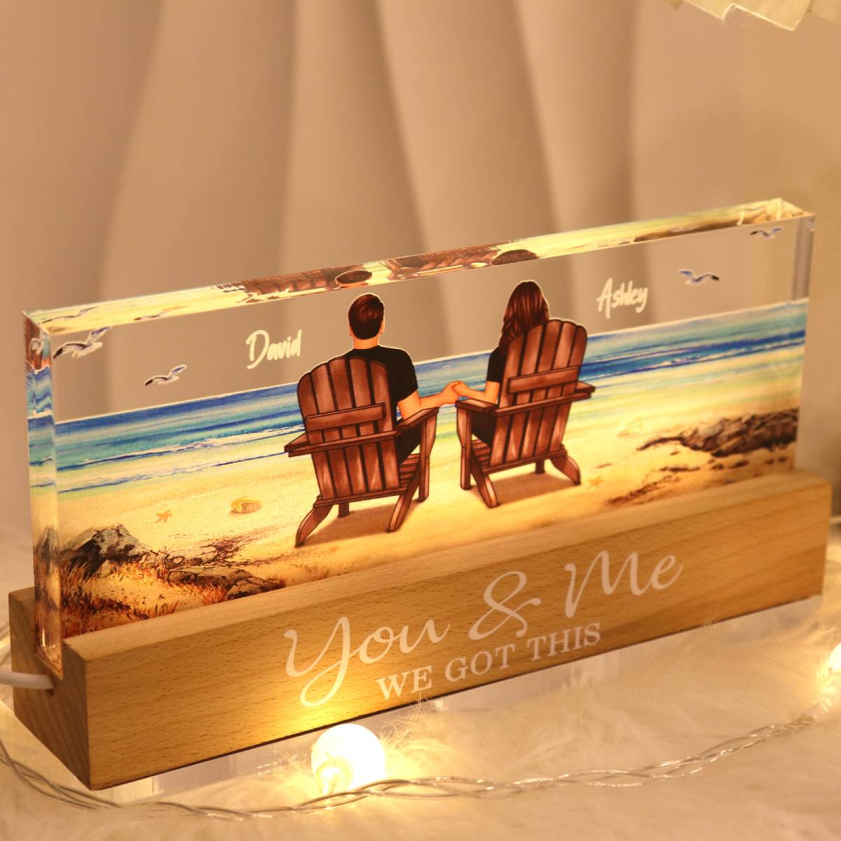 Couple Sitting At Beach Retro Personalized LED Night Light, Heartfelt 2025 Gift For Couple, Husband, Wife, Boyfriend, Girlfriend