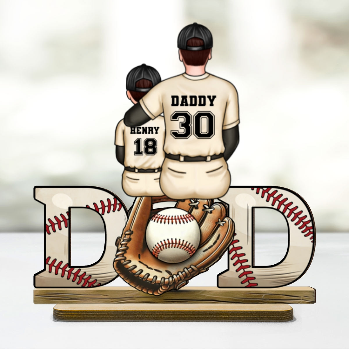 Baseball Softball Dad & Kids Glove Personalized 2-Layer Standing Wooden Plaque, Father's Day Gift for Dad, Gift for Husband