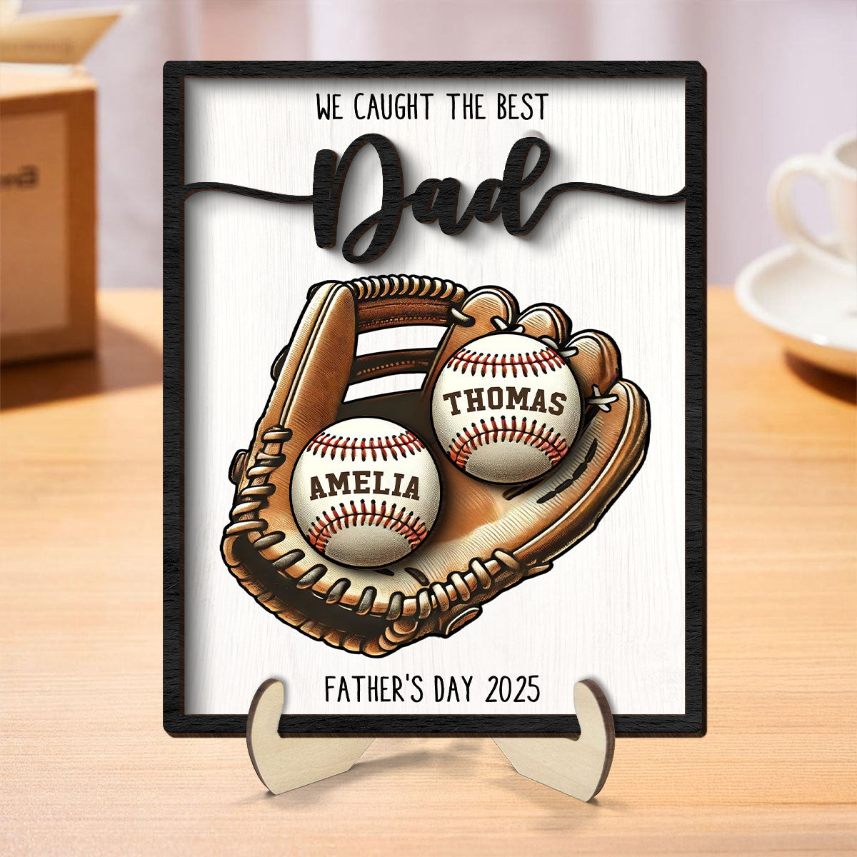 We Caught The Best Dad Baseball, Softball Personalized 2-Layer Wooden Plaque, Custom Kid's Name, Father’s Day Gift For Husband, Gift For Dad