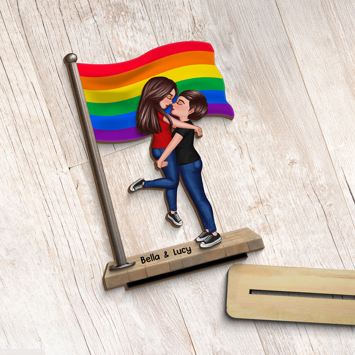 LGBT Couple Hugging Kissing Flag Personalized 2-Layered Standing Wooden Plaque, Pride Month Gift, Anniversary Gift