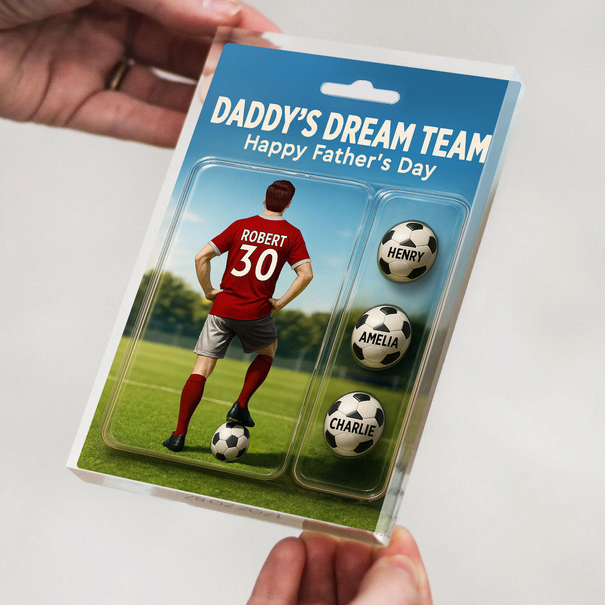 Daddy's Dream Team Soccer With Kids' Names Custom Figure Personalized Acrylic Block Plaque, Perfect Father's Day Gift for Him, for Husband, for Dad, for Soccer Lover