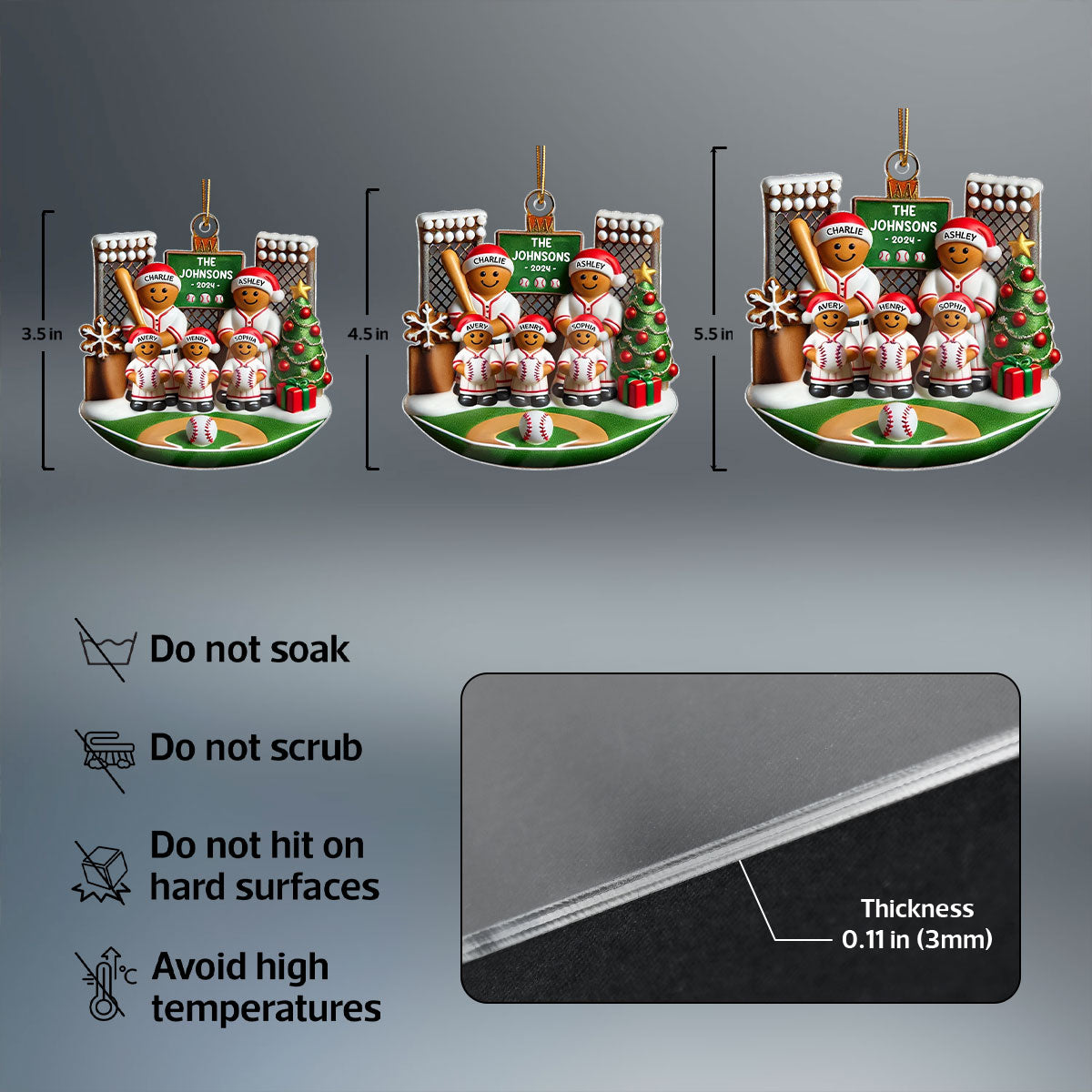 3D Effect Baseball Gingerbread Family On Field Sport Lover Personalized Acrylic Ornament