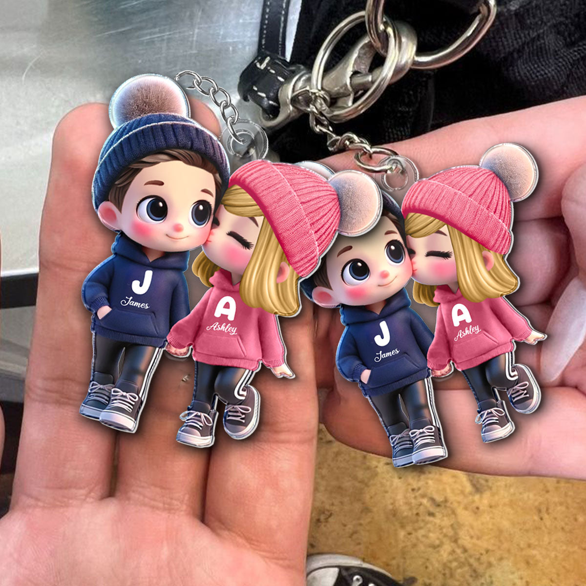 3D Effect Cute Cartoon Couple Walking Personalized Acrylic Keychain, Gift for Him, Gift for Her