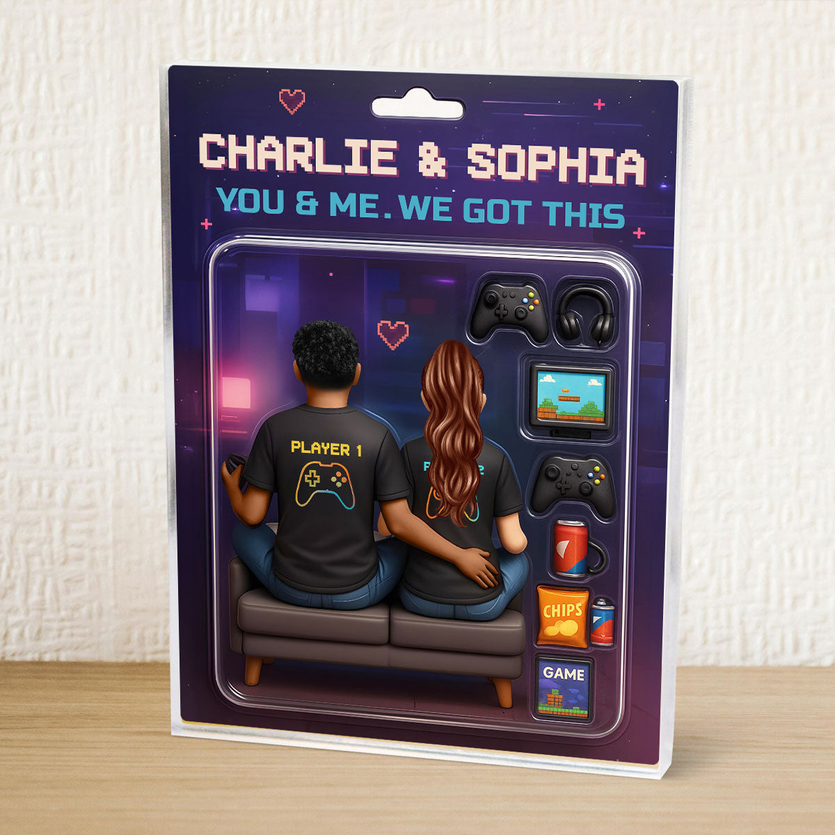 Game Players Couple, Toy Box Figures Style, Personalized Acrylic Block Plaque, Unique Gift for Him, Gift for Her