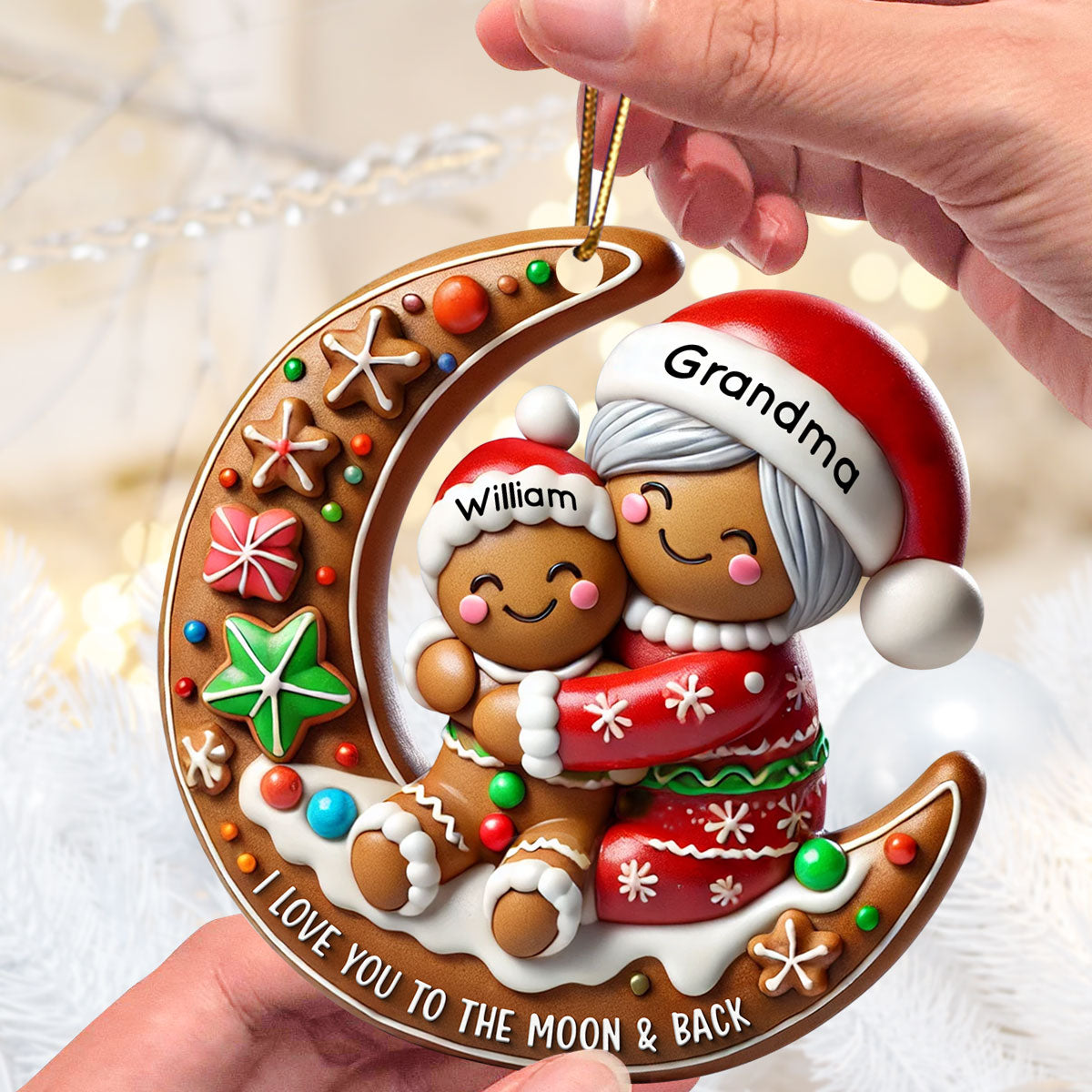 3D Effect Gingerbread Grandma Hugging Grandkid On Moon Christmas Personalized Acrylic Ornament, Meaningful Gift For Granddaughter, Grandson