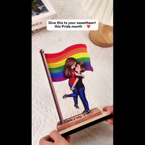 LGBT Couple Hugging Kissing Flag Personalized 2-Layered Standing Wooden Plaque, Pride Month Gift, Anniversary Gift