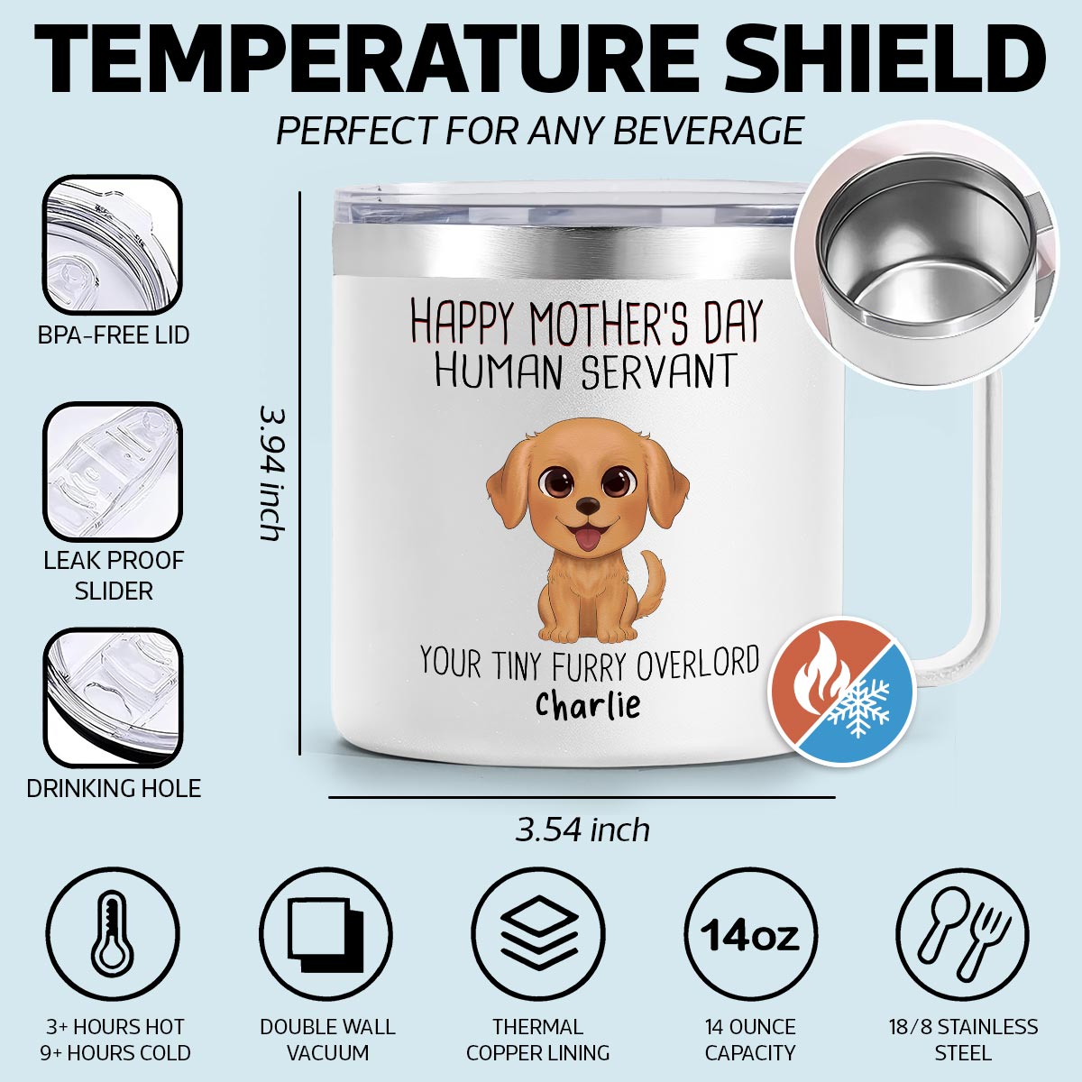 Happy Mother's Day Human Servant Personalized Stainless Steel Tumbler With Handle, Funny Gift For Dog Lovers