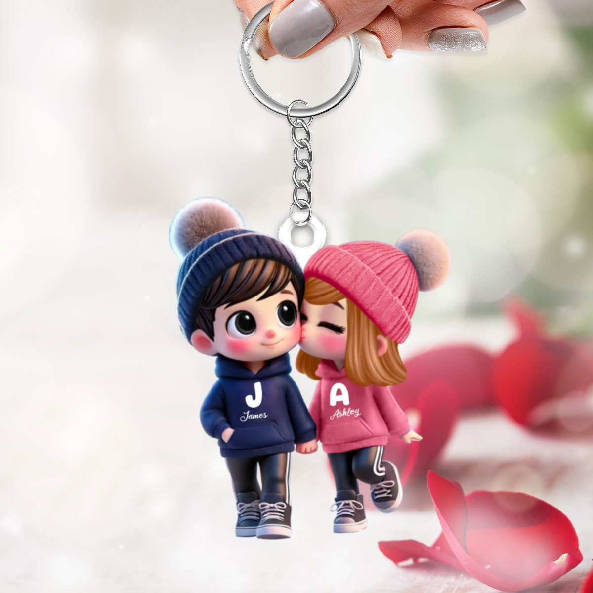 3D Effect Cute Cartoon Couple Walking Personalized Acrylic Keychain, Gift for Him, Gift for Her