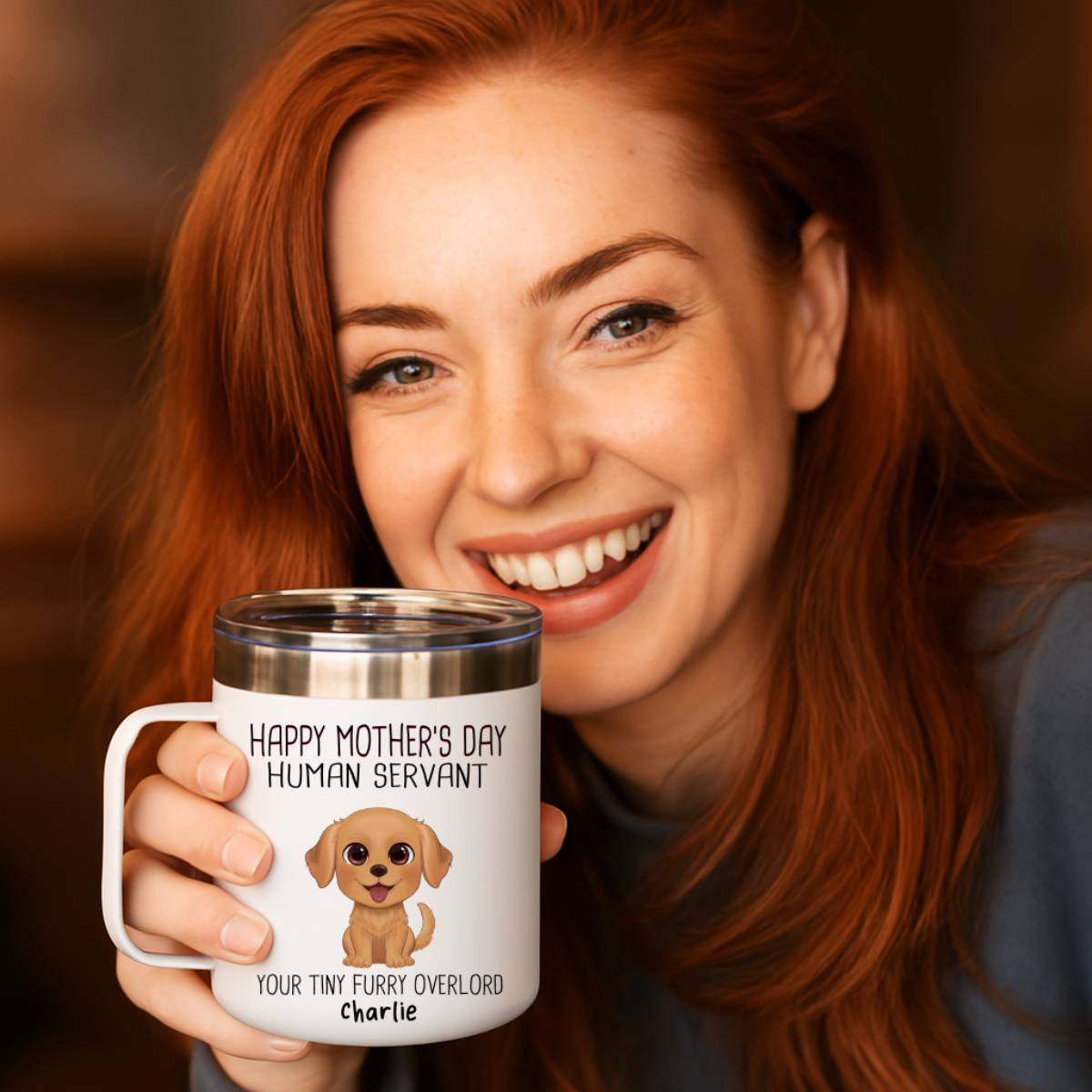 Happy Mother's Day Human Servant Personalized Stainless Steel Tumbler With Handle, Funny Gift For Dog Lovers