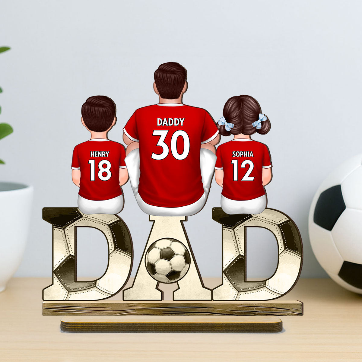 Soccer Dad & Kids Personalized 2-Layer Standing Wooden Plaque, Father’s Day gift for Dad, for Husband