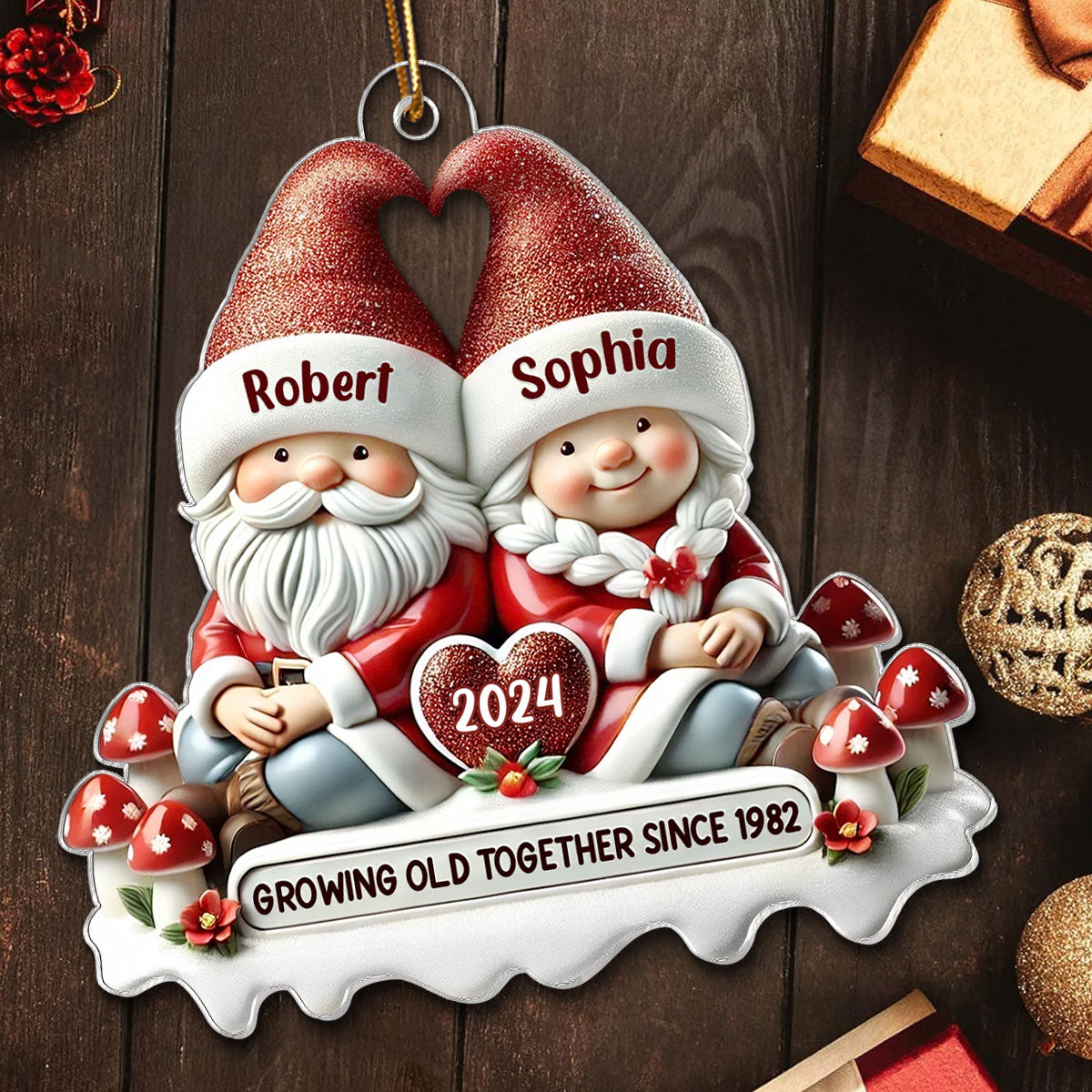 3D Effect Gnome Couple Personalized Flat Acrylic Ornament, Gift For Him, For Her, Husband, Wife