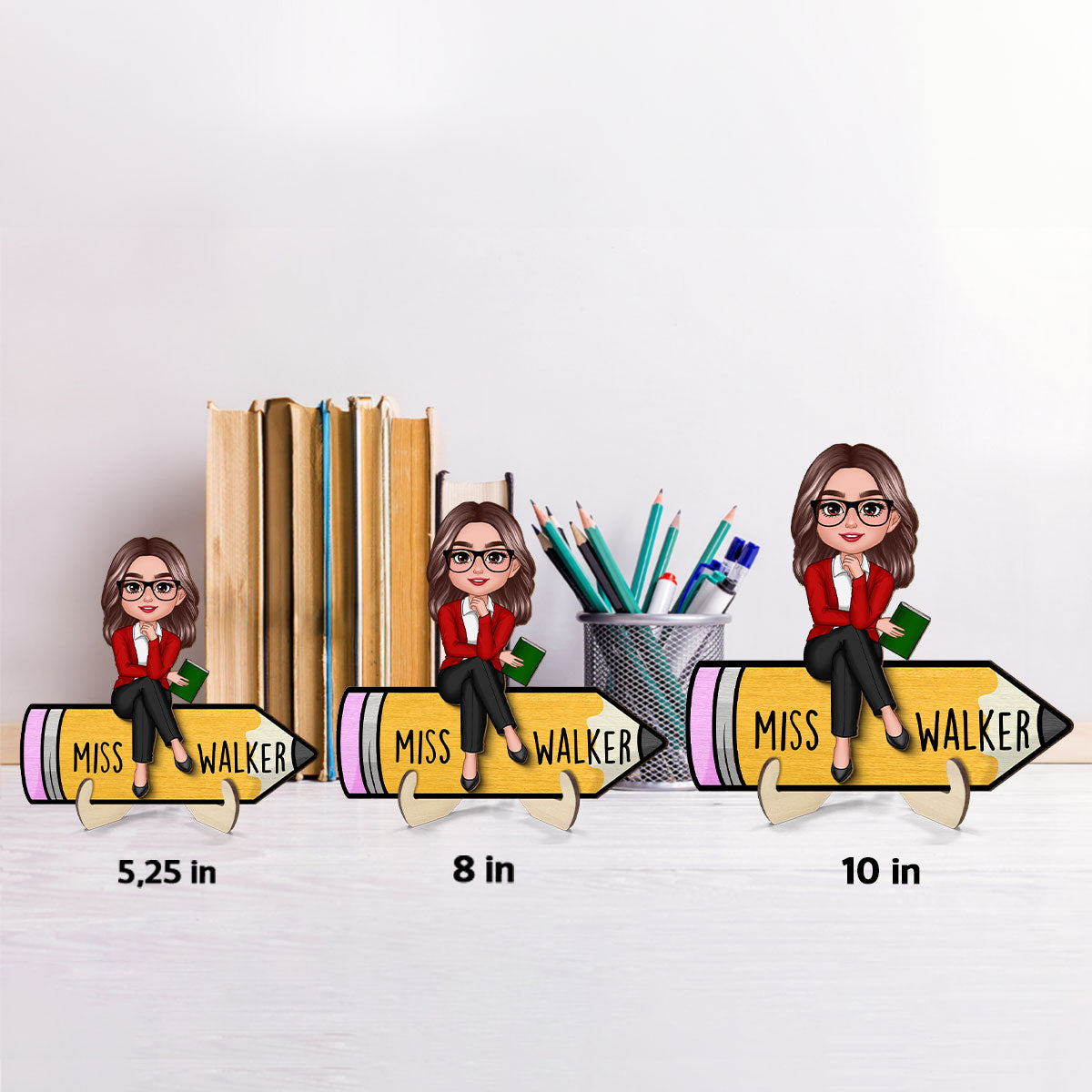Doll Teacher Sitting On Pencil Personalized 2-Layer Wooden Plaque, Office Decor for Teacher, Gift for Teacher, Teacher Appreciation Gift