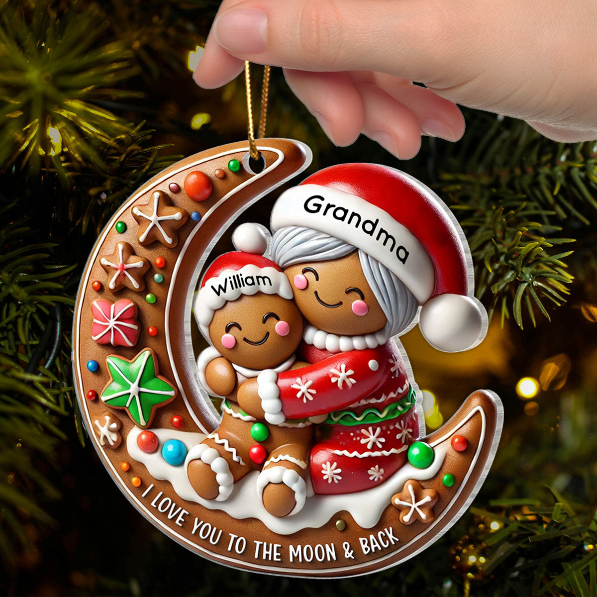 3D Effect Gingerbread Grandma Hugging Grandkid On Moon Christmas Personalized Acrylic Ornament, Meaningful Gift For Granddaughter, Grandson