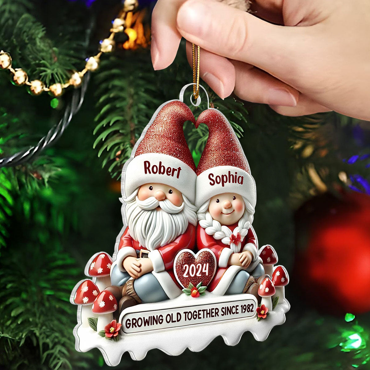 3D Effect Gnome Couple Personalized Flat Acrylic Ornament, Gift For Him, For Her, Husband, Wife