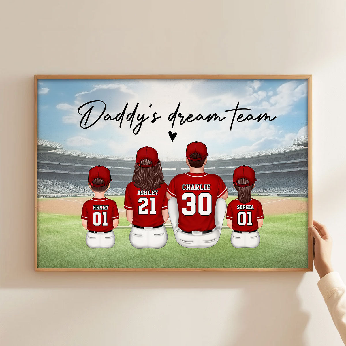 Daddy's Team Baseball Family Sitting Personalized Poster, Unique Father's Day Gift for Dad, Gift for Husband