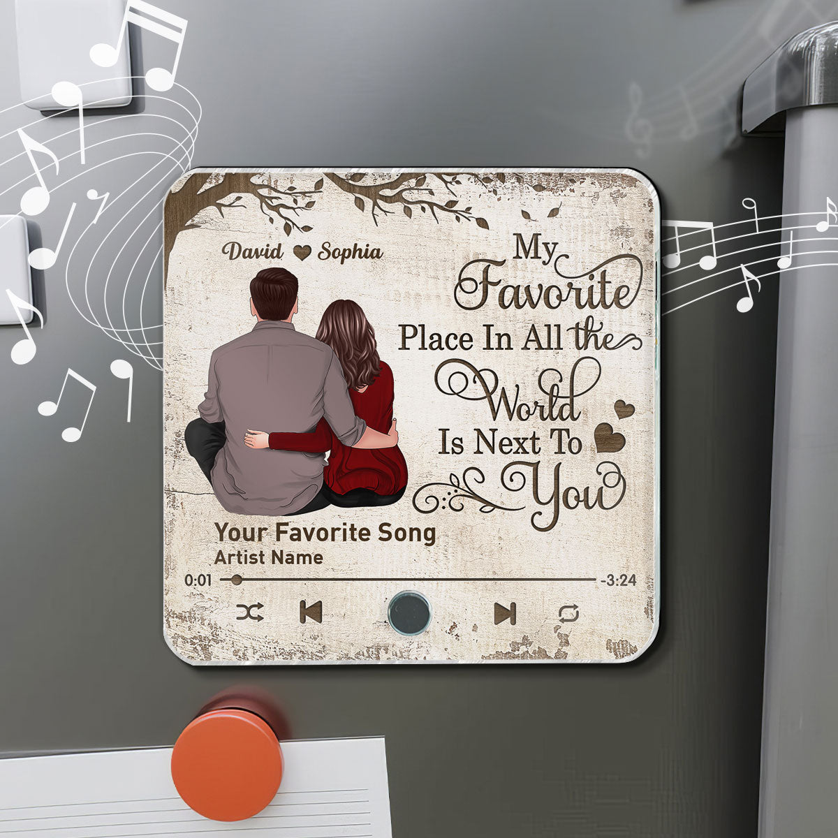 Favorite Place In The World Couple Sitting Back View Personalized Music Fridge Magnet, Gift For Him, For Her