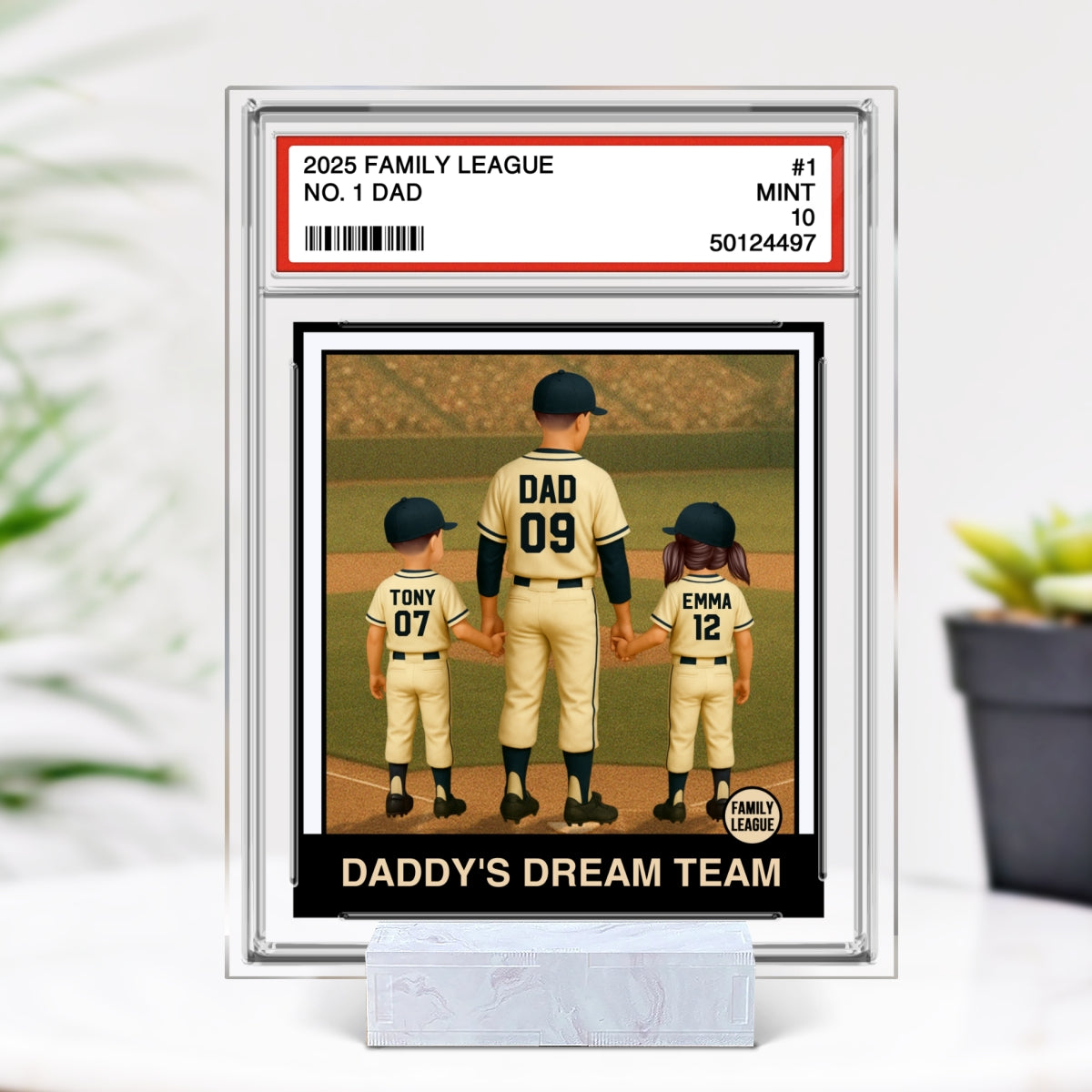 Baseball No. 1 Dad Man & Kids Trading Card Style Personalized Acrylic Plaque
