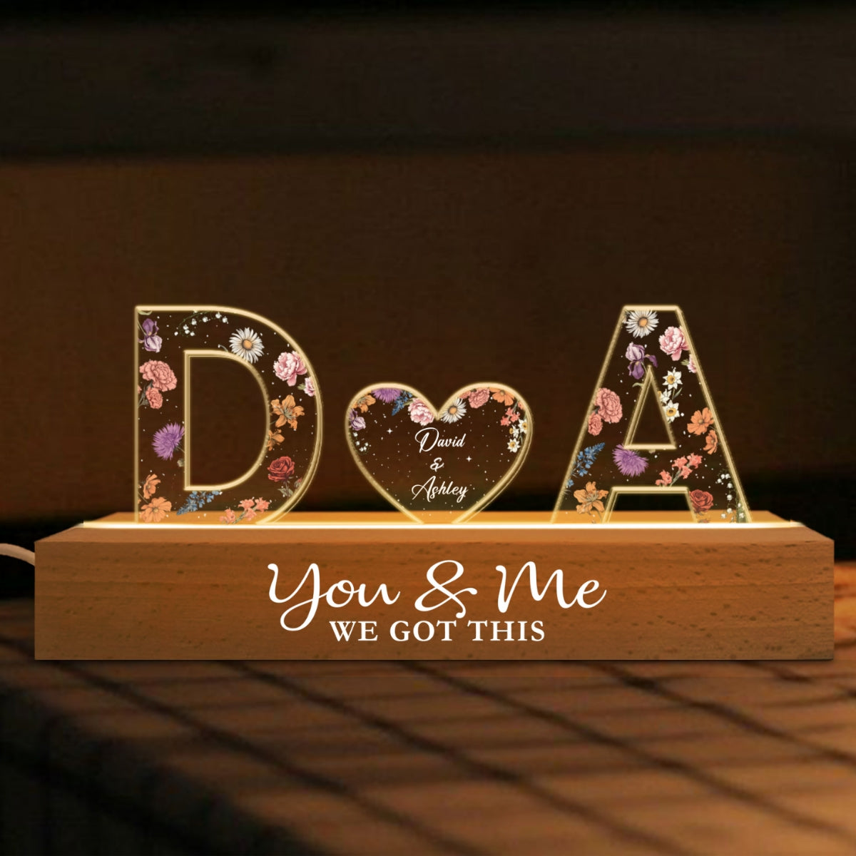 Couple Initials Floral Theme Personalized Acrylic Block LED Night Light, Heartfelt Gift For Her, For Wife