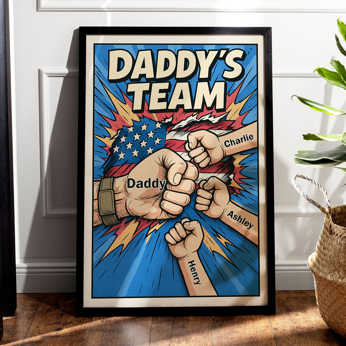 Daddy's Team Fist Bump Comic-Style Action Personalized Poster, Father's Day Gift for Dad