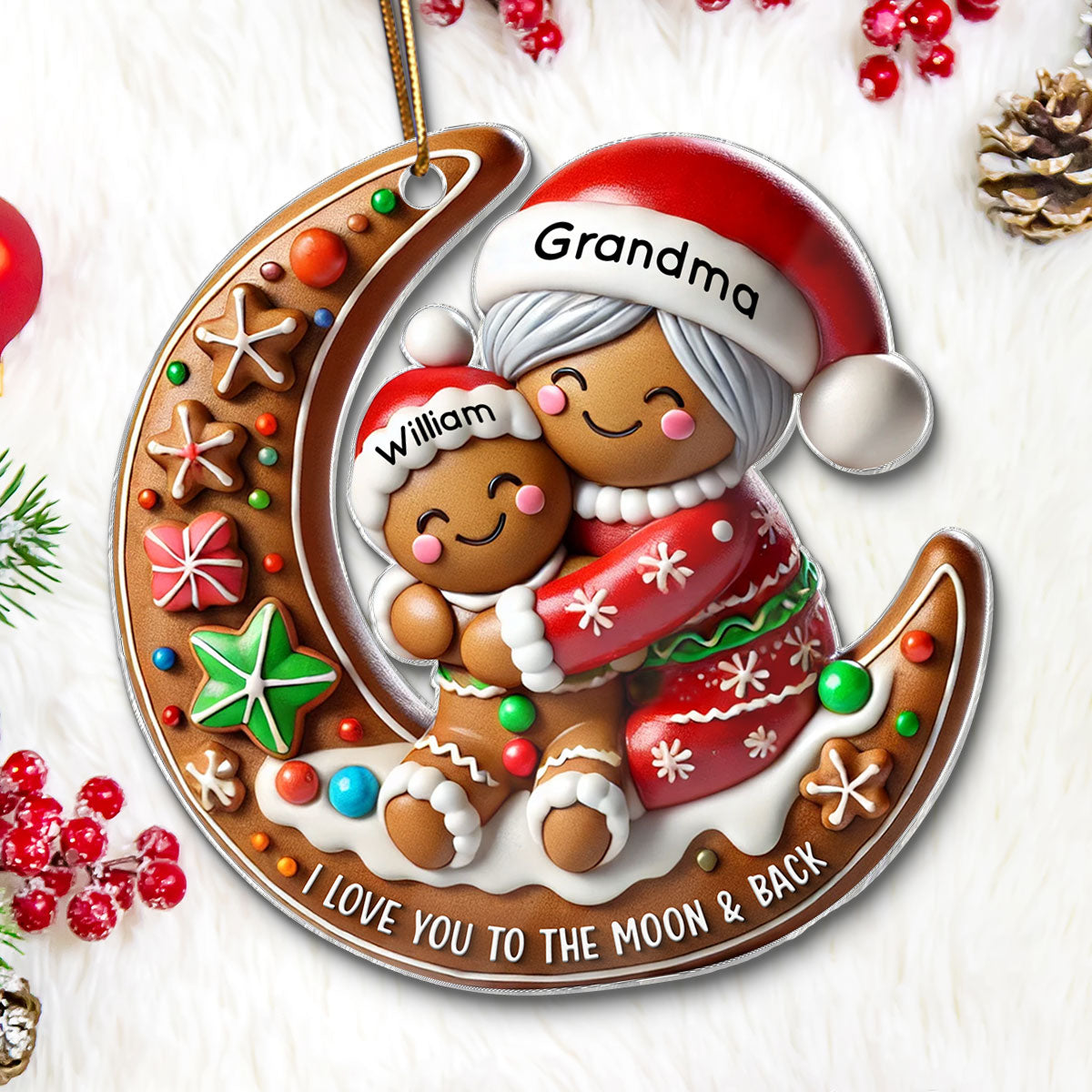 3D Effect Gingerbread Grandma Hugging Grandkid On Moon Christmas Personalized Acrylic Ornament, Meaningful Gift For Granddaughter, Grandson