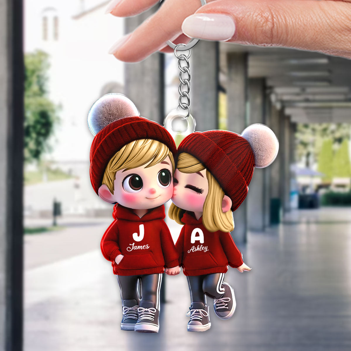 3D Effect Cute Cartoon Couple Walking Personalized Acrylic Keychain, Gift for Him, Gift for Her