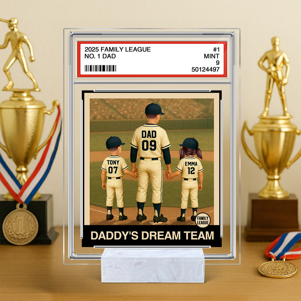 Baseball No. 1 Dad Man & Kids Trading Card Style Personalized Acrylic Plaque