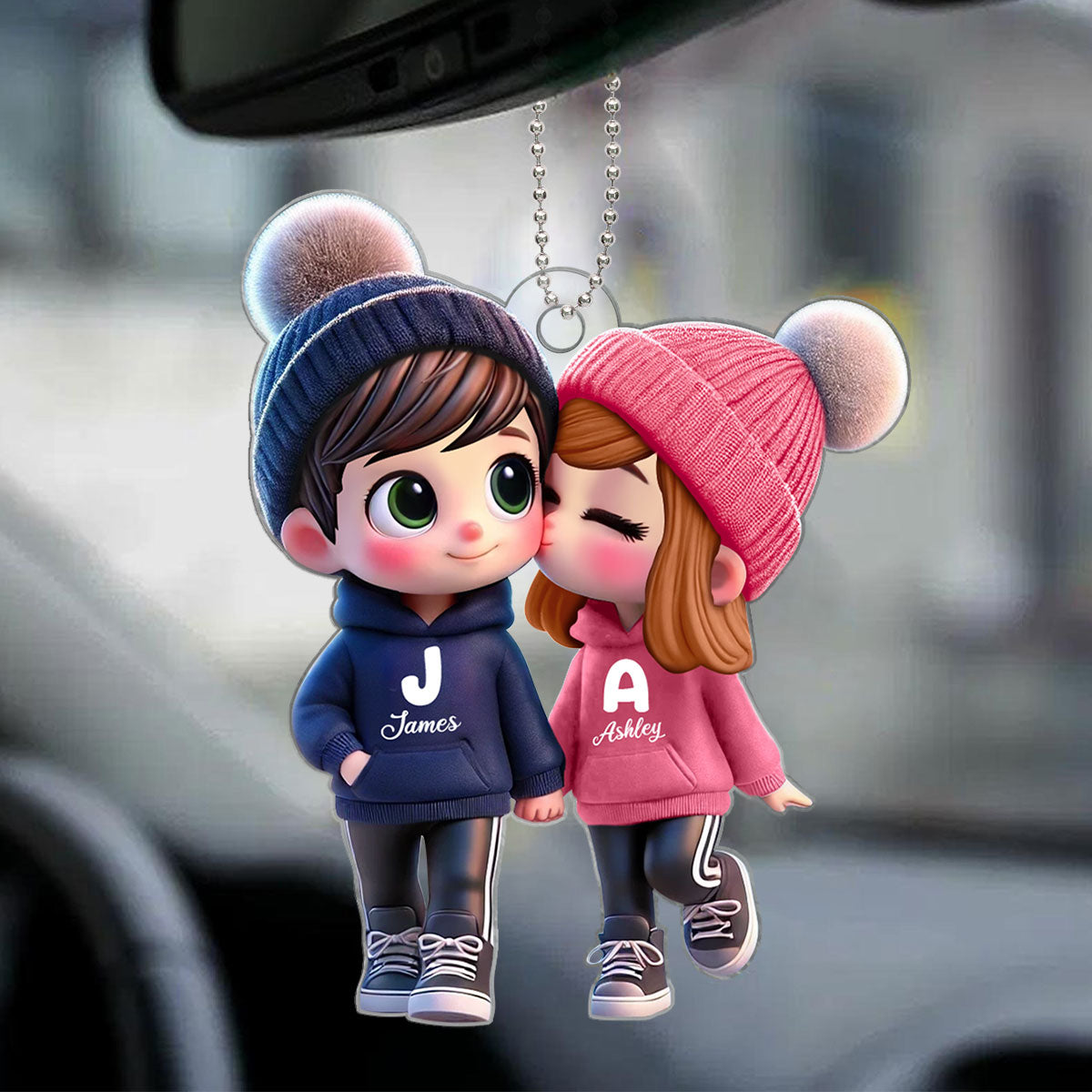 3D Effect Cute Cartoon Couple Walking Personalized Car Ornament, Perfect Gift for him, Gift for her