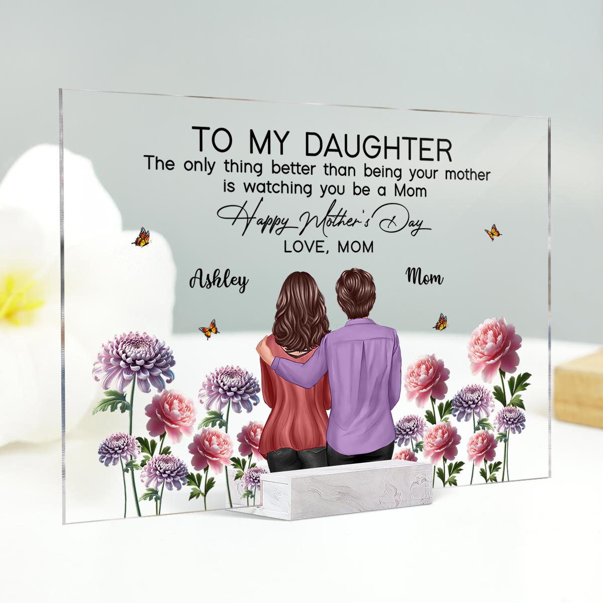 To My Daughter From Mom Happy Mother's Day Birth Flower Personalized Rectangle Acrylic Plaque with Stand, Gift For Daughter