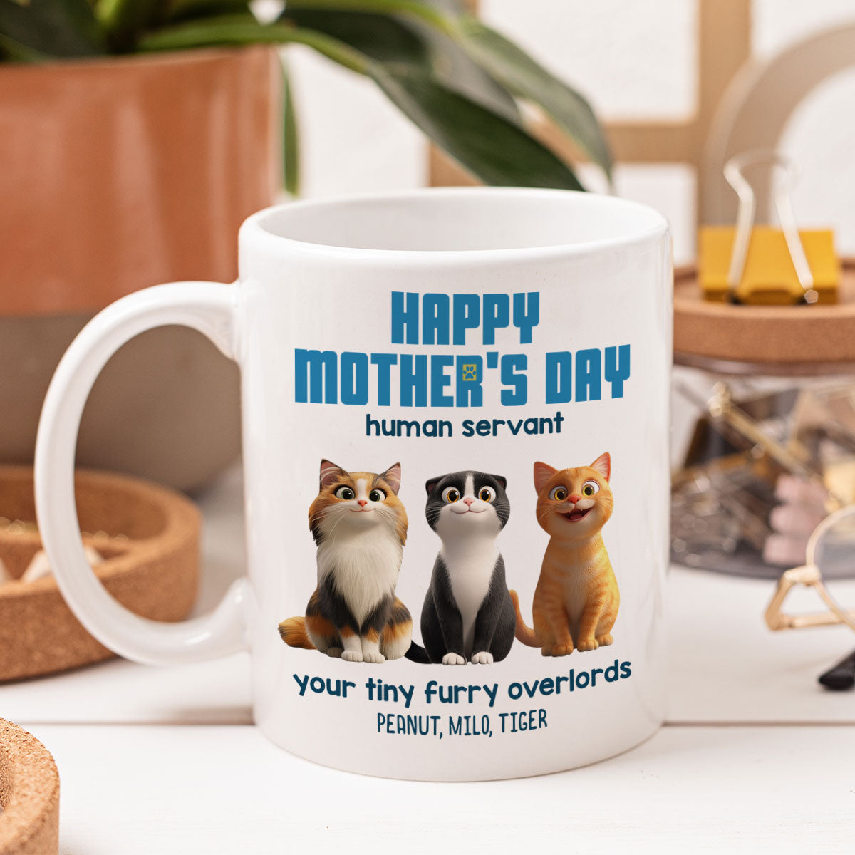 Happy Mother's Day Human Servant Personalized Mug, Cute Cartoon Cats, Unique Gift for Cat Moms