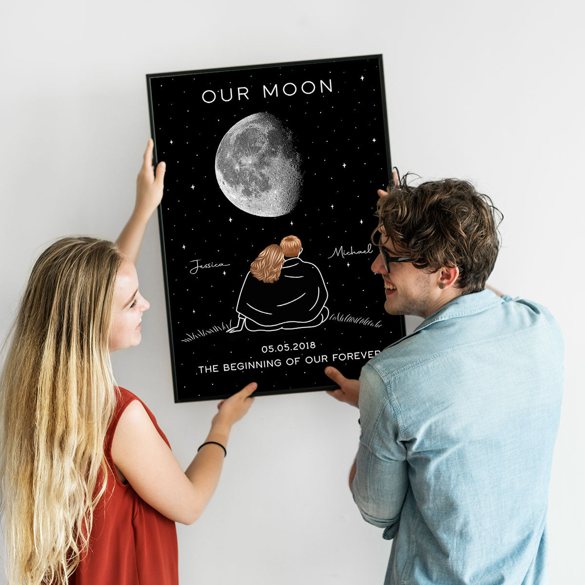 Couple Under Star Sky, Moon Phase Art Personalized Poster, Anniversary gift for him, for her